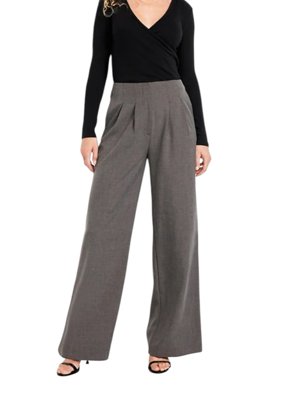 Wide-Leg Pleated Pants Set: Gray and Tan